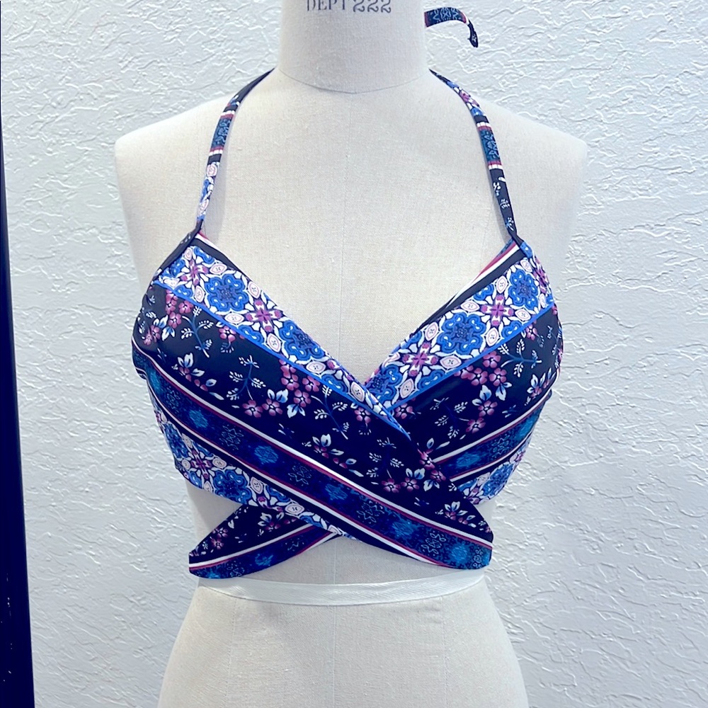 Sun Hazed Floral biking Wrap Halter Top convertible- Blue and Purple. 34DD